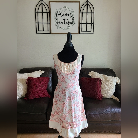 Peruvian Connection Floral Print Shabby Chic Red & Cream Midi Dress Size 2‎ - Picture 2 of 14